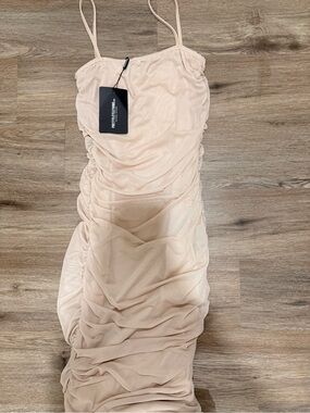PrettyLittleThing Beige Ruched Midi Slip Dress